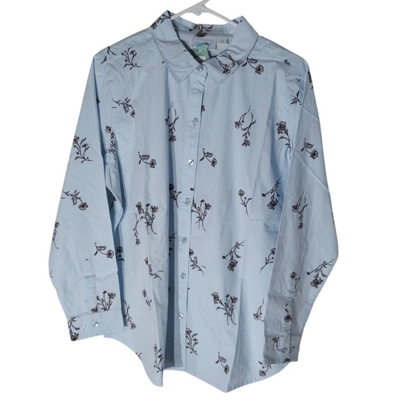 New National Button Up Blouse Top Blue Brown Floral Stretch Womens Petite Large - Picture 2 of 11